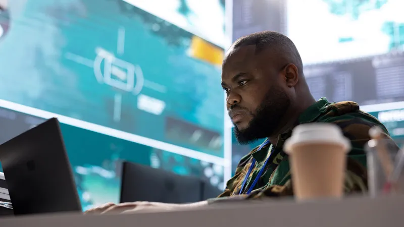 A man looks intently at a laptop screen with a coffee cup to his left