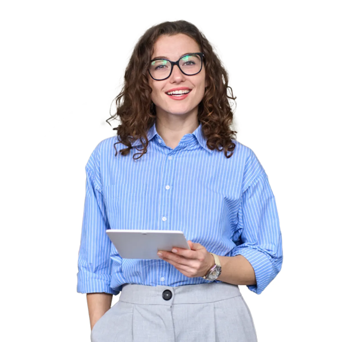 A woman smiles holding a digital tablet in front of a blue and purple graphic background 