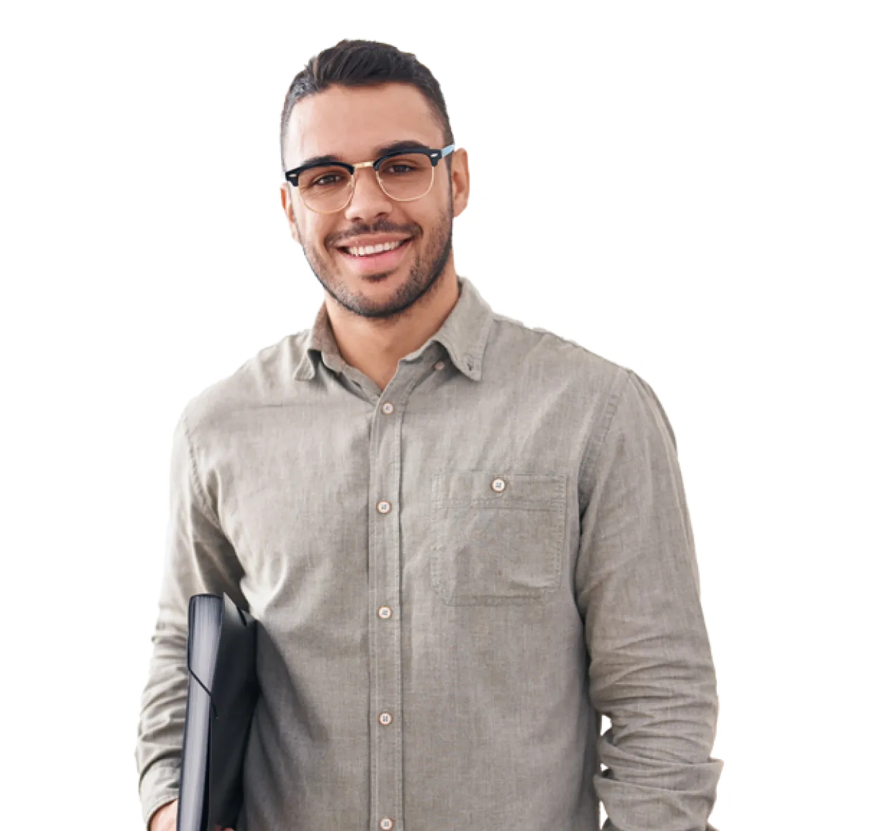 A man with laptop tucked under his arm smiles in front of purple and blue graphic background