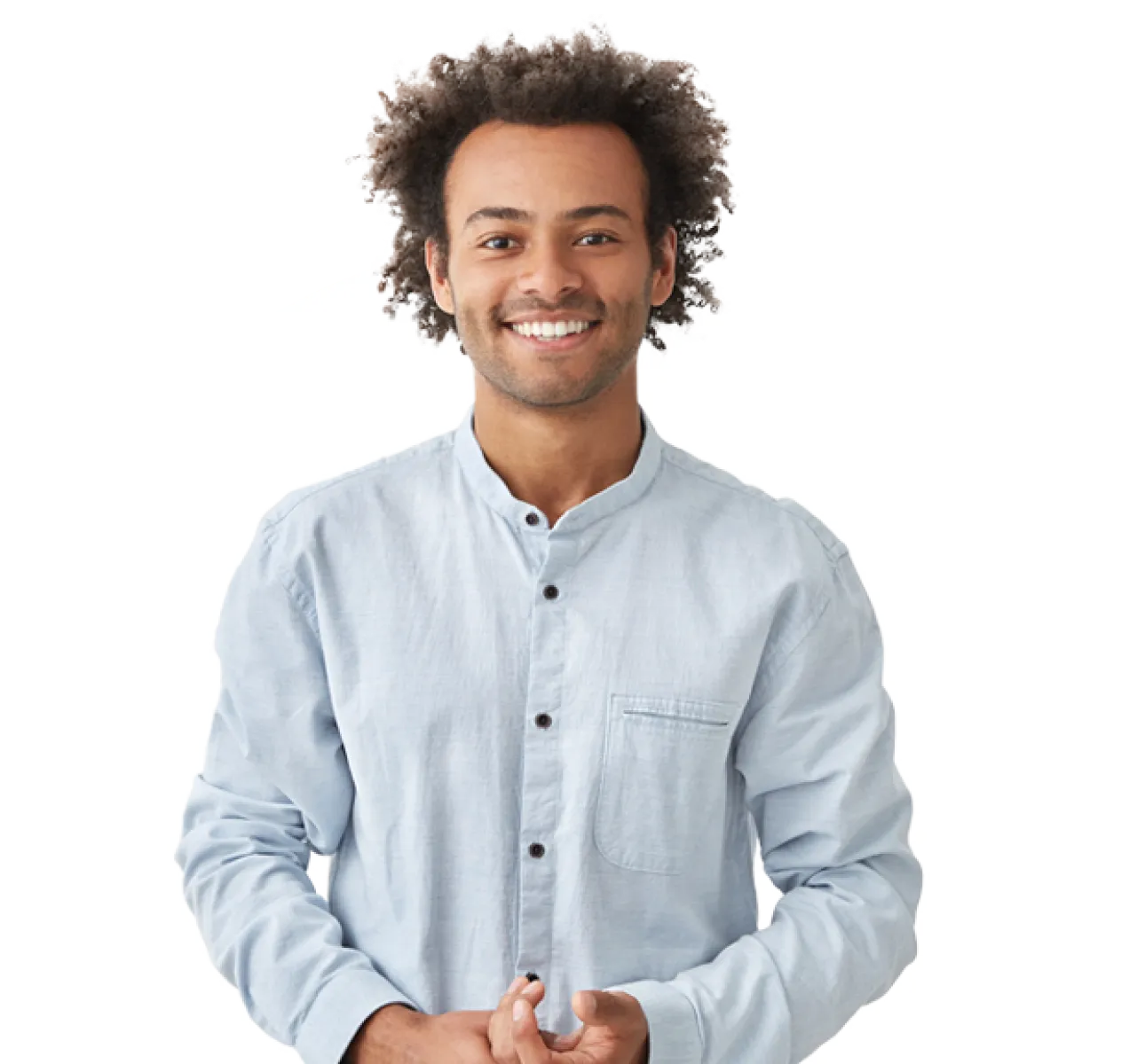 A man in a collarless shirt smiles to camera in front of a blue and purple graphic background