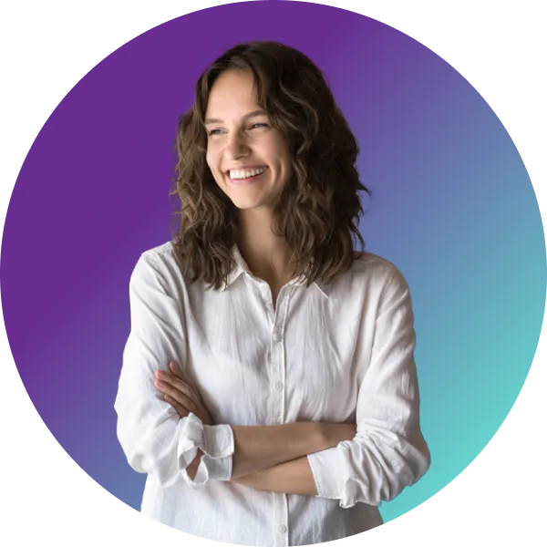 A woman in a smart shirt smiles and looks to the side infront of a purple and blue gradient background