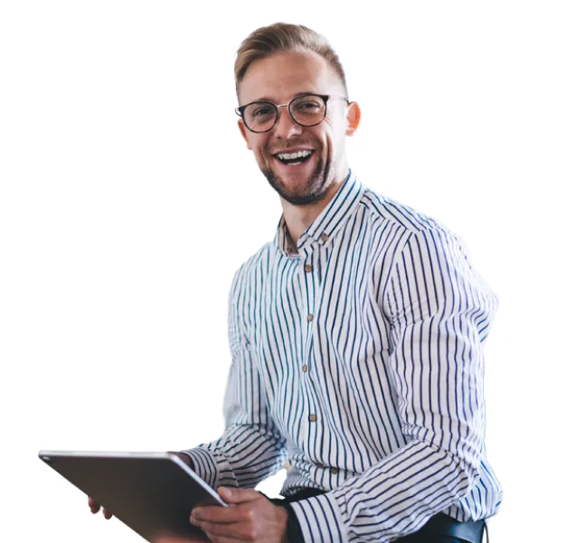 A smiling man in a striped shirt sits with a digital tablet in front of a blue and purple graphic background